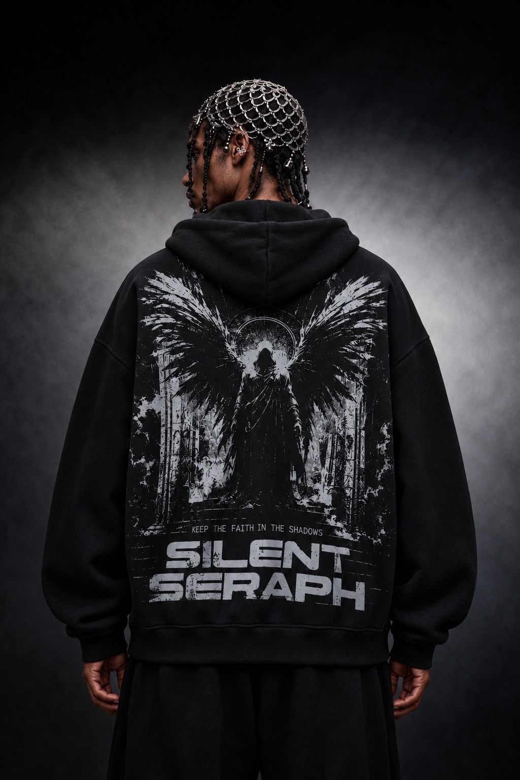 Erkek Siyah Silent Seraph Oversize Hoodie