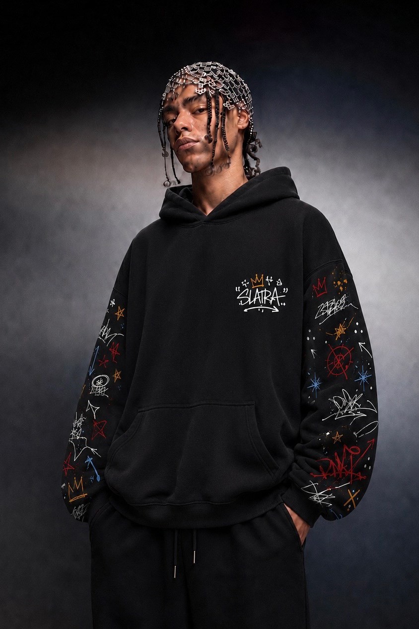 Erkek Siyah Sking Kol Detay Oversize Hoodie