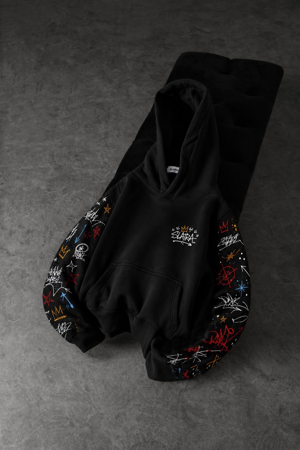 Erkek Siyah Sking Kol Detay Oversize Hoodie