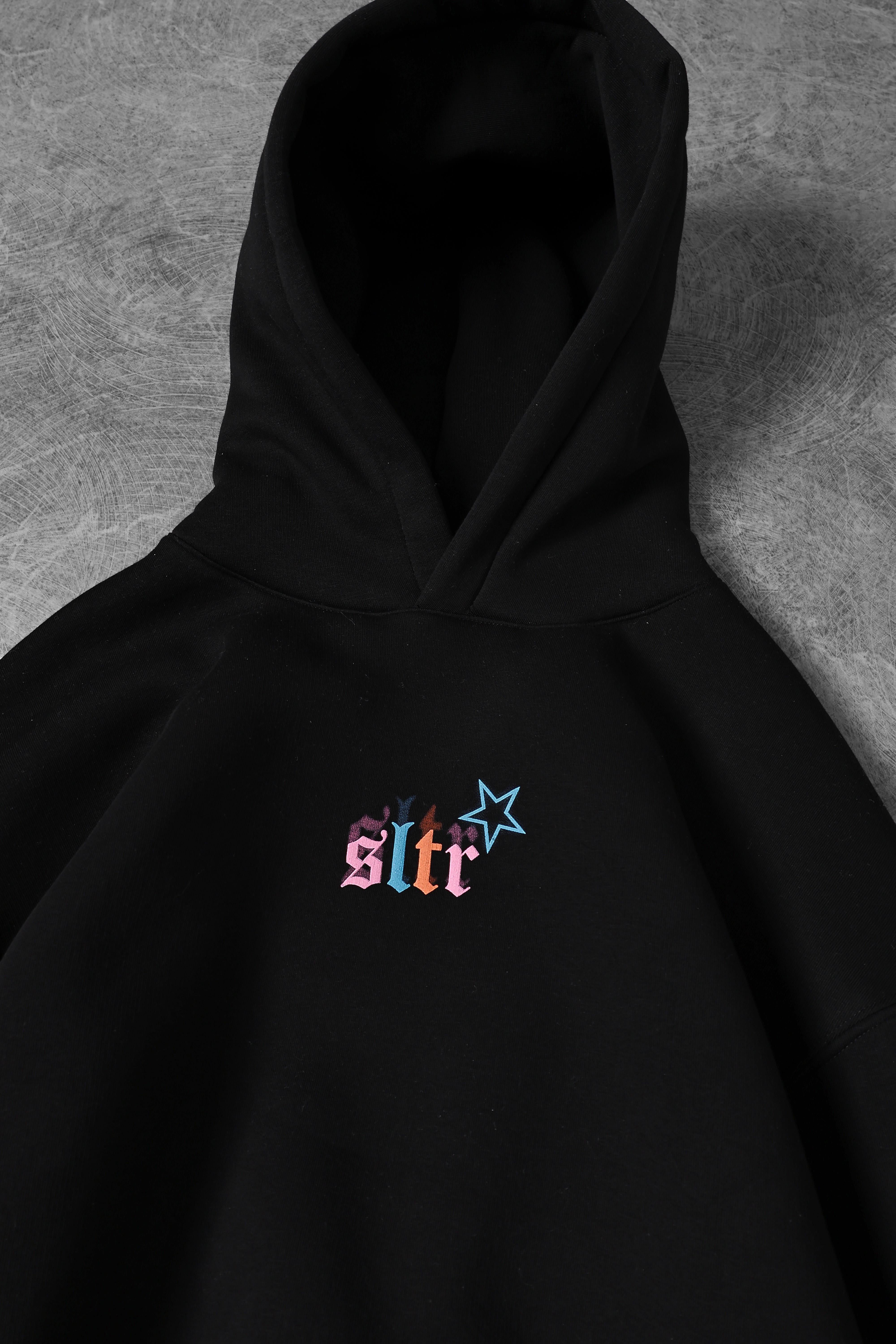 Erkek Siyah Stars Kabartma Baskı Kapüşonlu Oversize Sweatshirt
