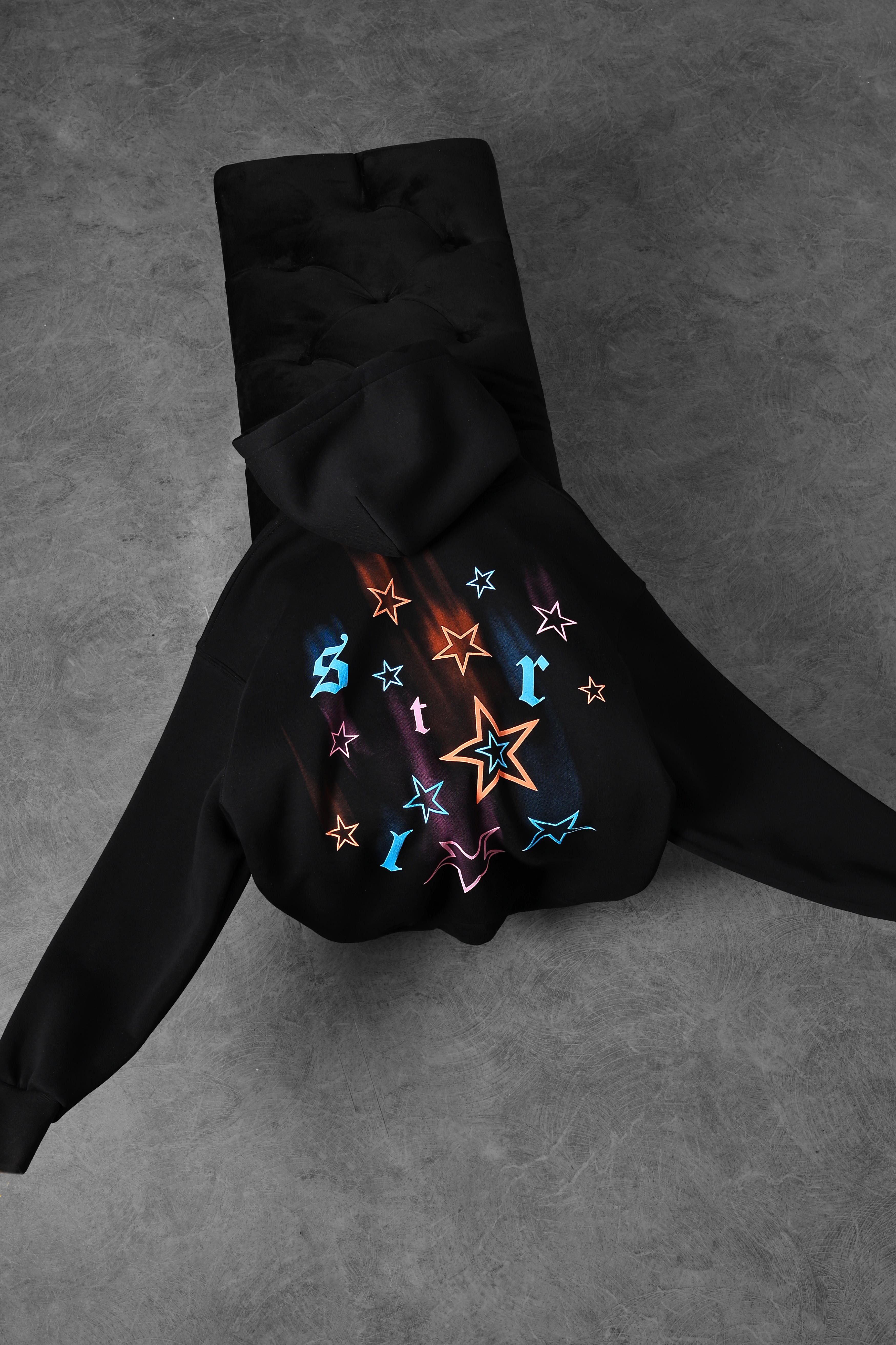 Erkek Siyah Stars Kabartma Baskı Kapüşonlu Oversize Sweatshirt