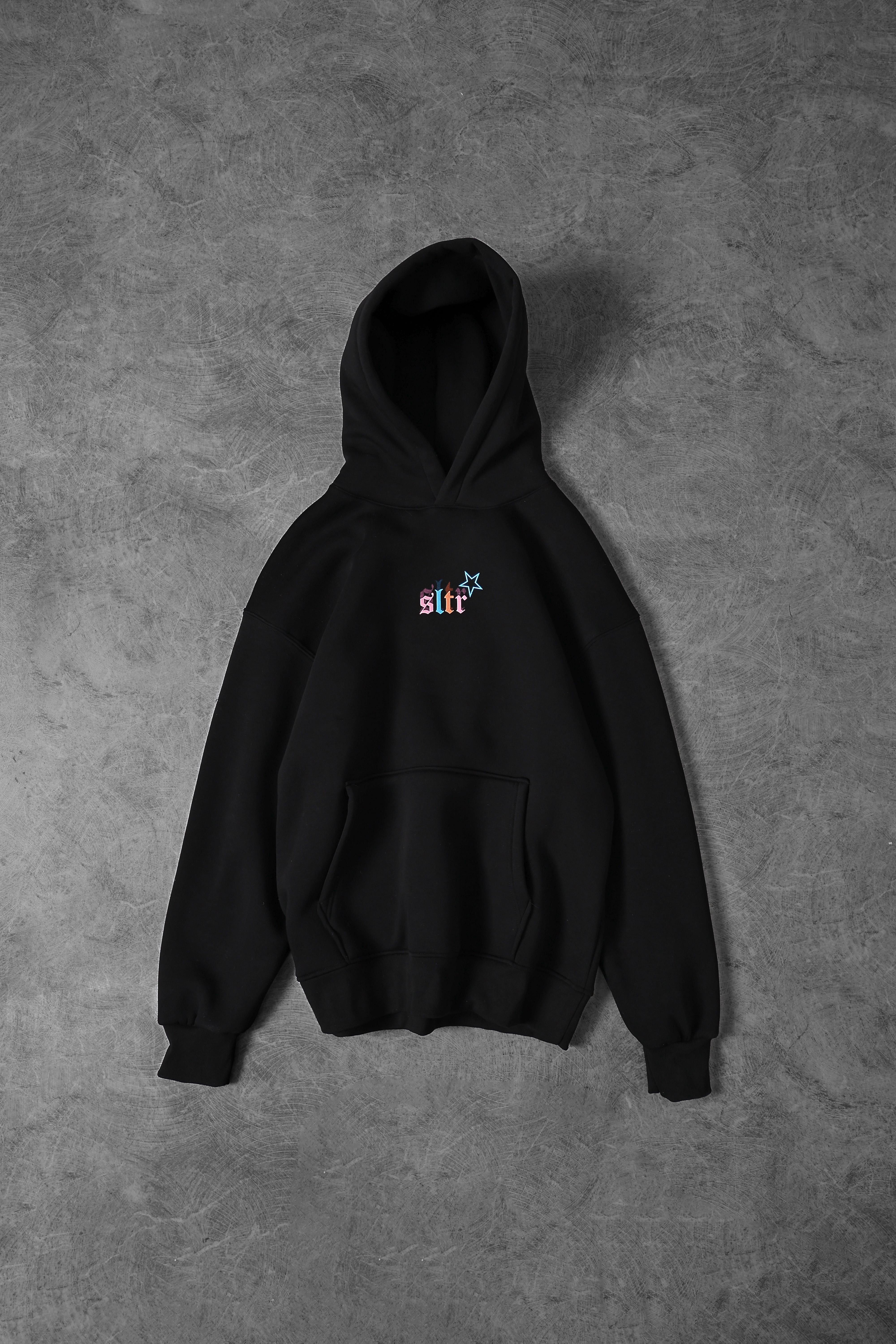 Erkek Siyah Stars Kabartma Baskı Kapüşonlu Oversize Sweatshirt
