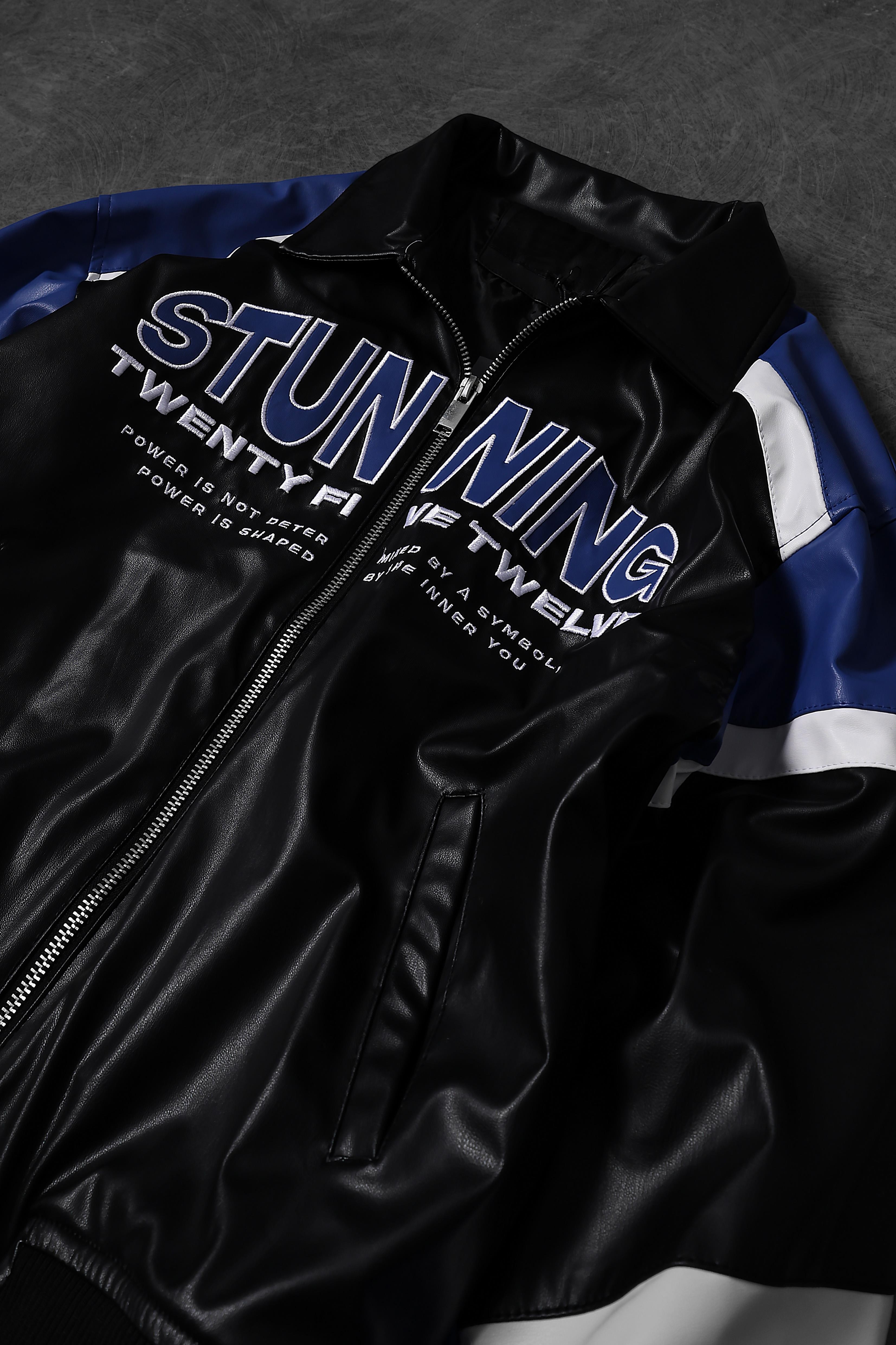 Erkek Siyah Stunning Nakışlı Racing Biker Astarlı Deri Ceket