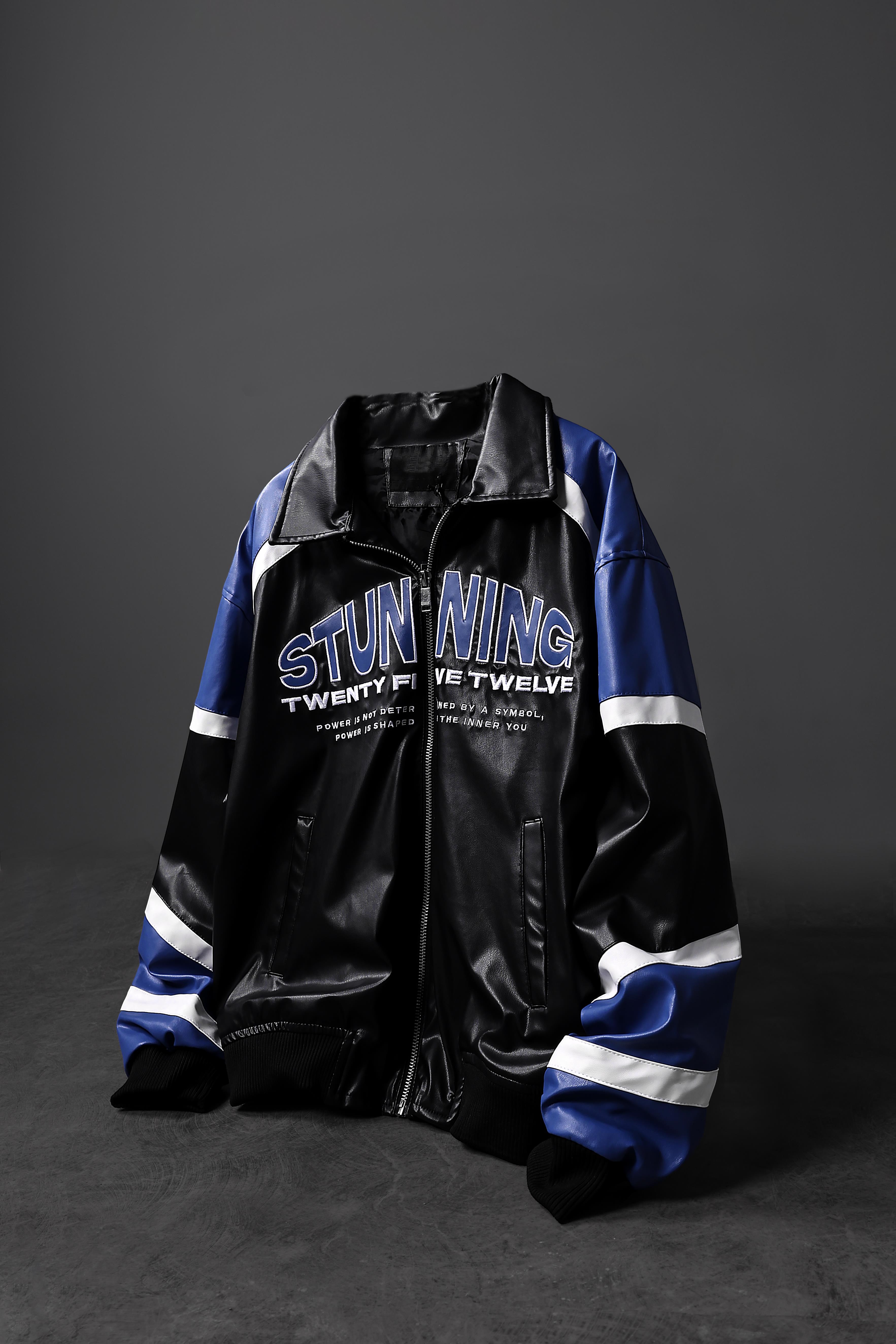 Erkek Siyah Stunning Nakışlı Racing Biker Astarlı Deri Ceket