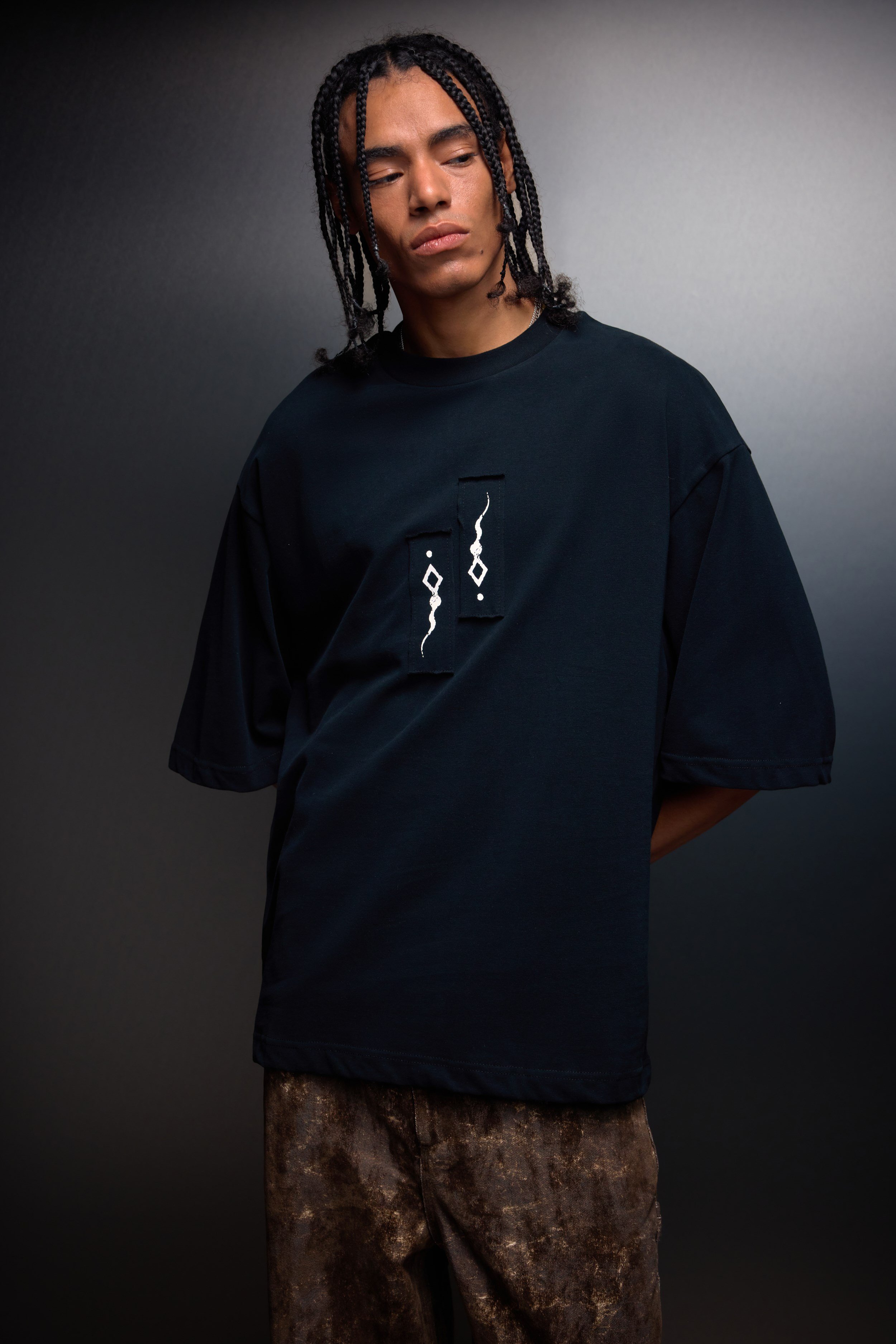Erkek Siyah Suffer Patch Oversize Tshirt
