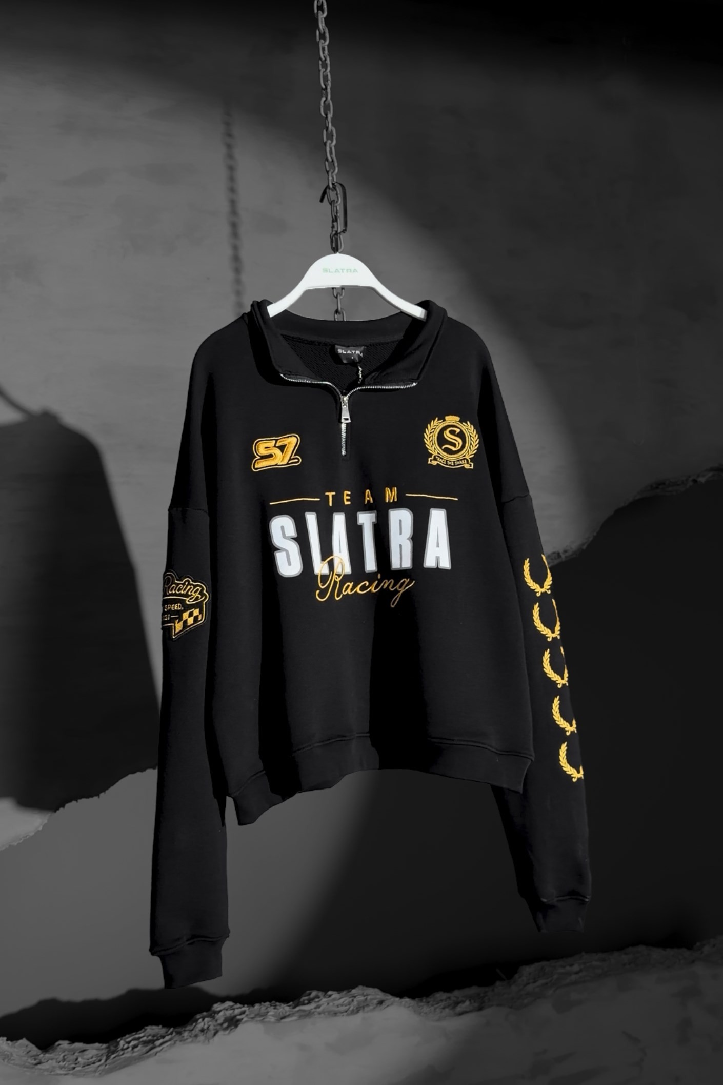 Erkek Siyah Team Racing Oversize Half Zip Sweatshirt