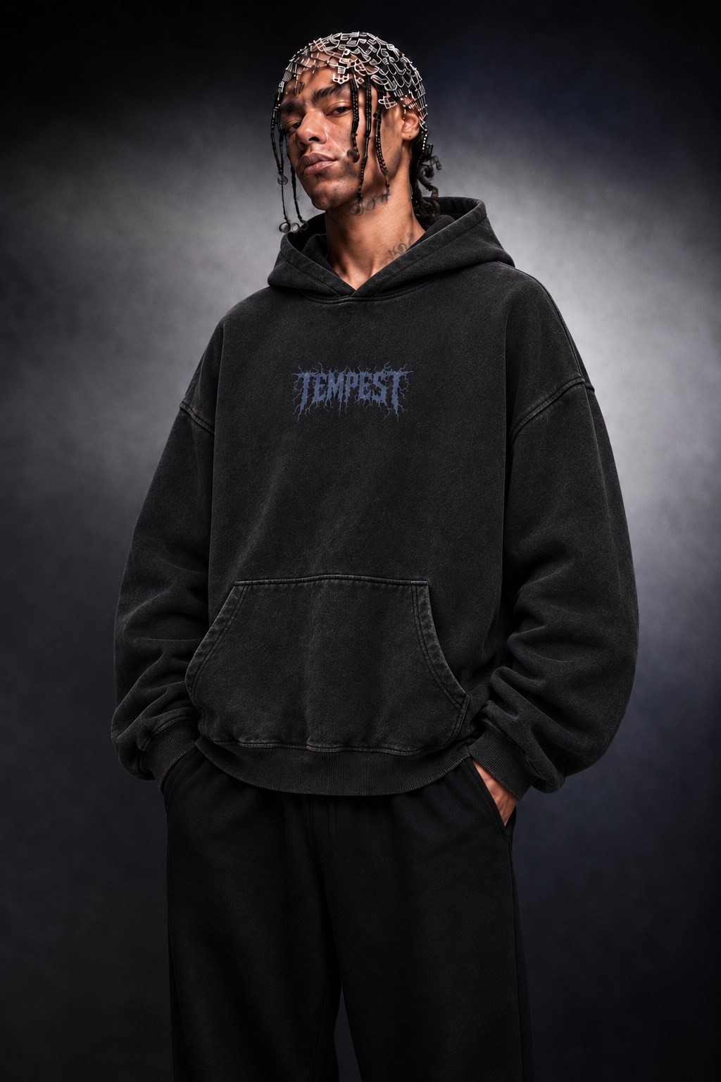 Erkek Siyah Tempest Özel Yıkamalı Oversize Hoodie