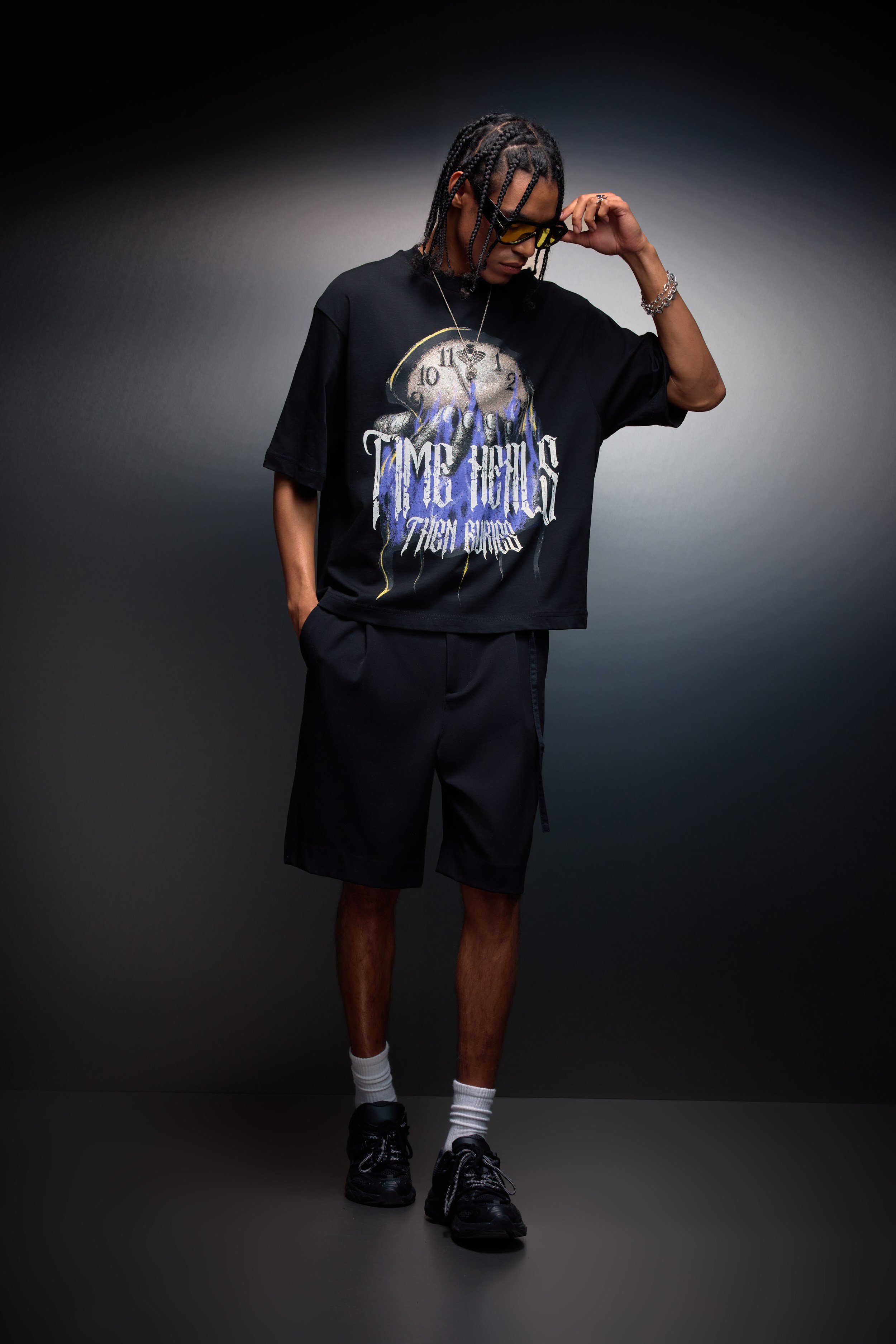 Erkek Siyah Time Heals Baskılı Oversize Tshirt