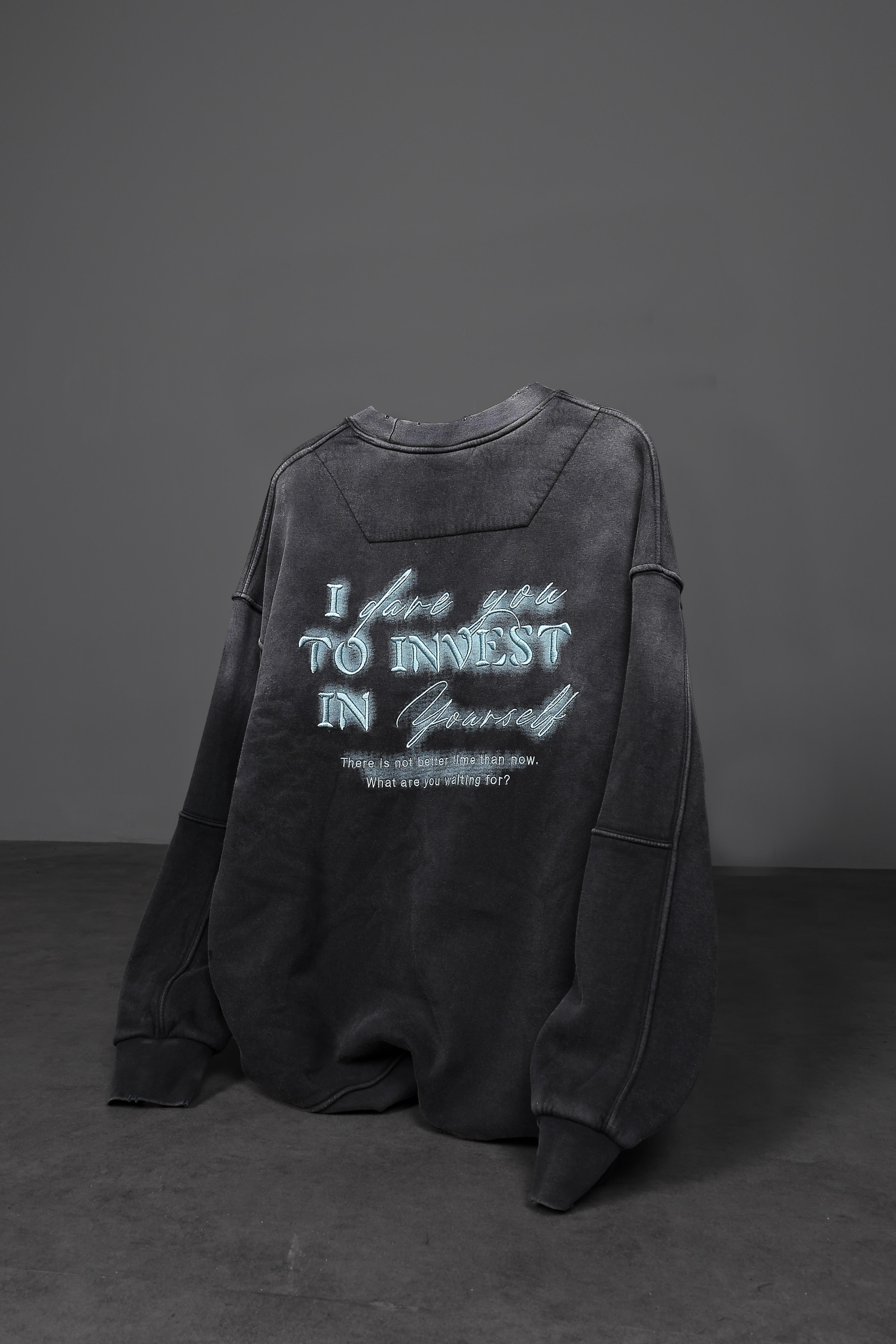 Erkek Siyah To İnvest Yıkamalı Nakışlı Oversize Sweatshirt