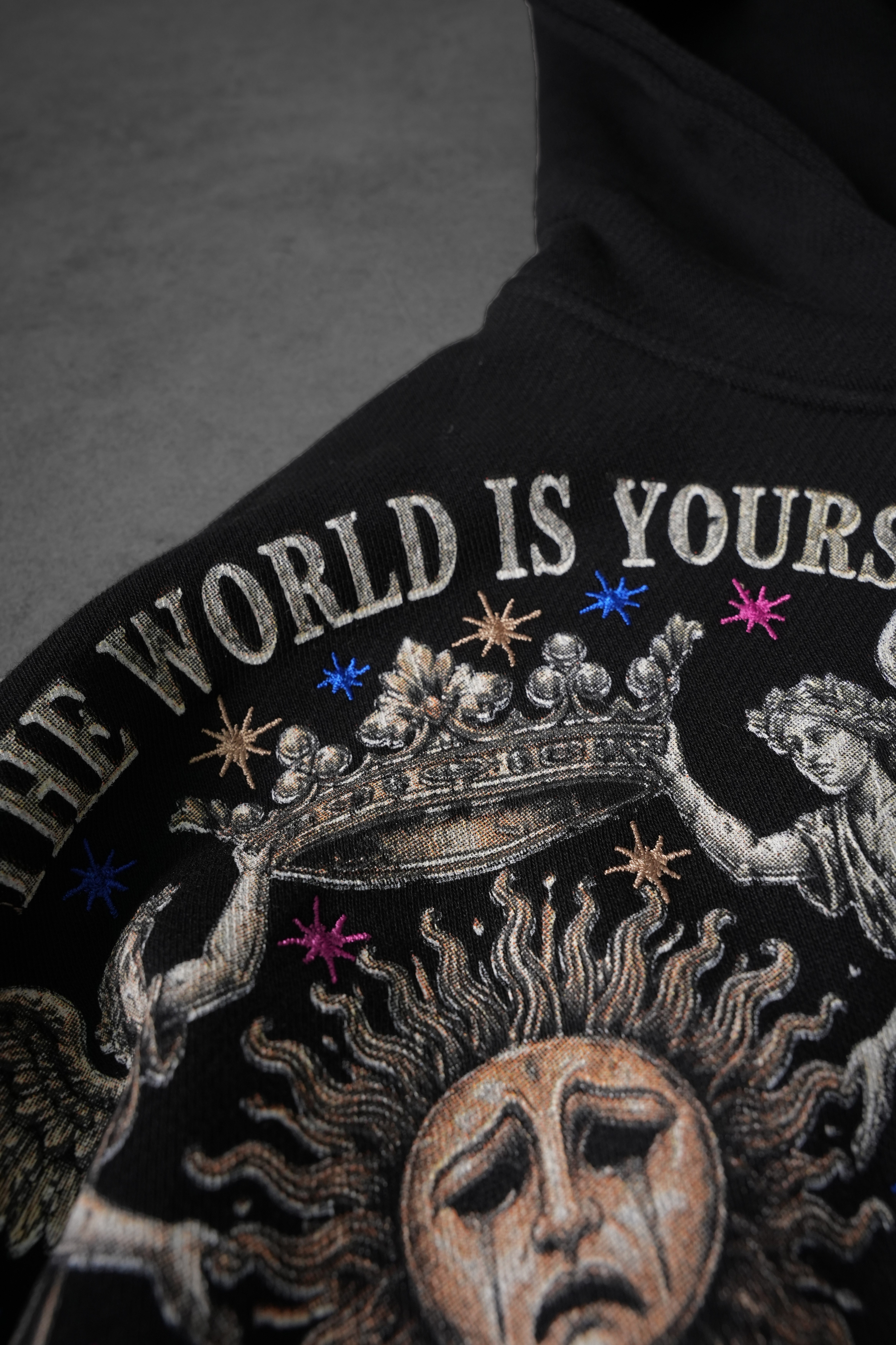 Erkek Siyah Universal Nakışlı Oversize Full Zip Hoodie