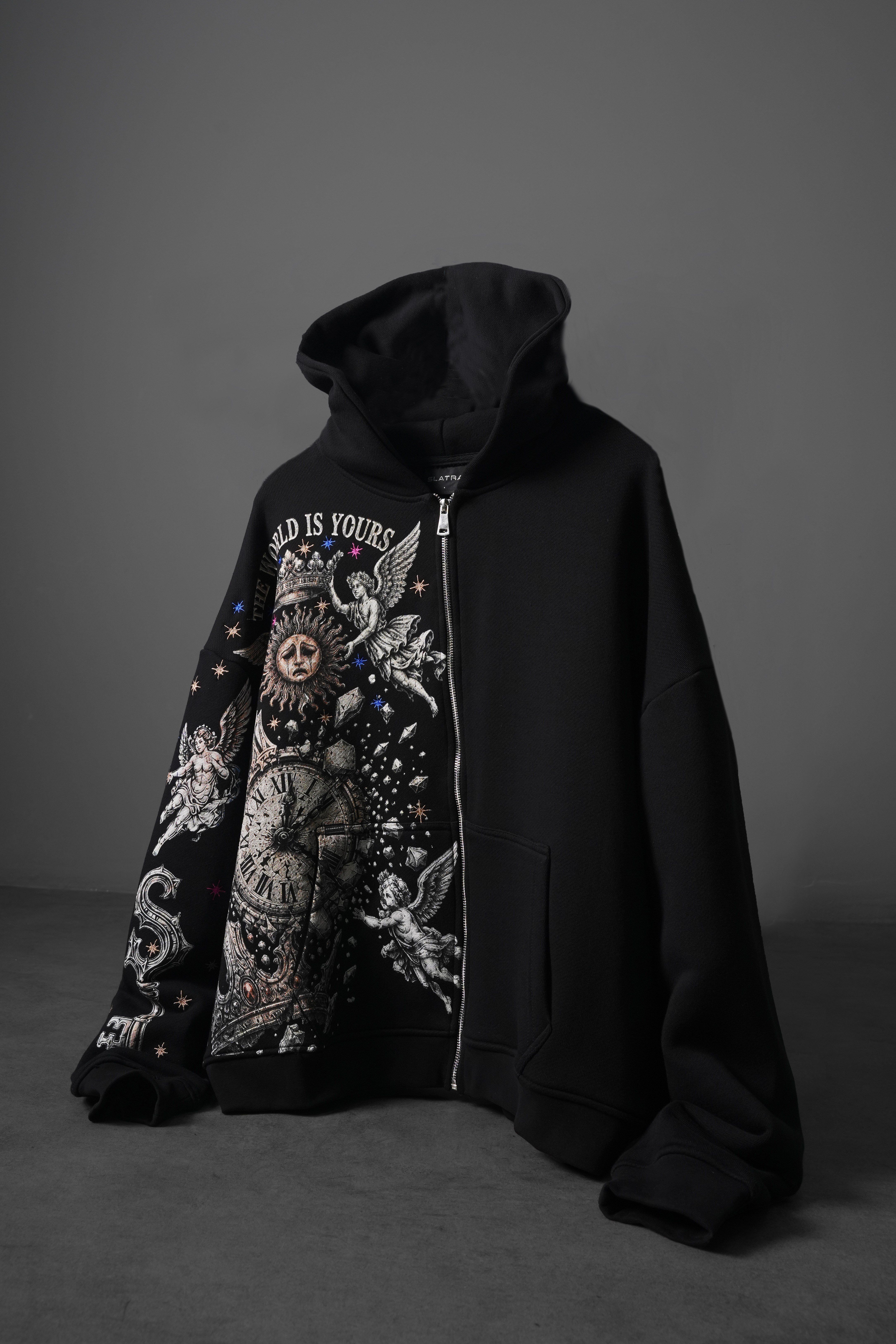 Erkek Siyah Universal Nakışlı Oversize Full Zip Hoodie