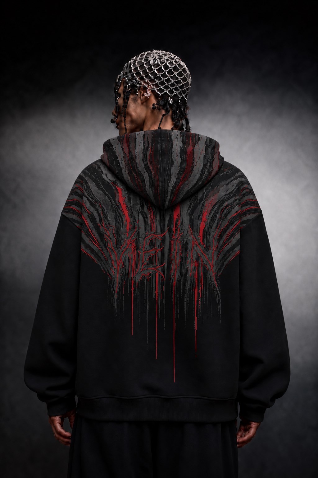 Erkek Siyah Vein Oversize Hoodie