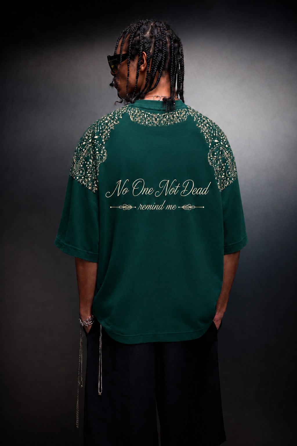 Erkek Yeşil No One Not Dead Baskılı Oversize Tshirt