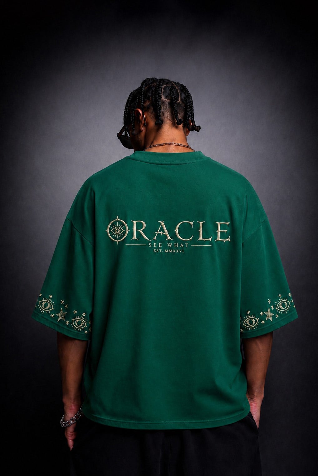 Erkek Yeşil Oracle Nakışlı Oversize Tshirt