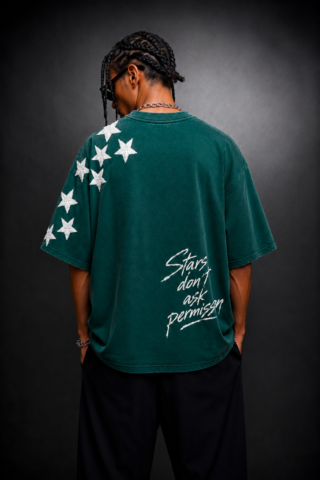 Erkek Yeşil Permission Aplike Nakışlı Oversize Tshirt