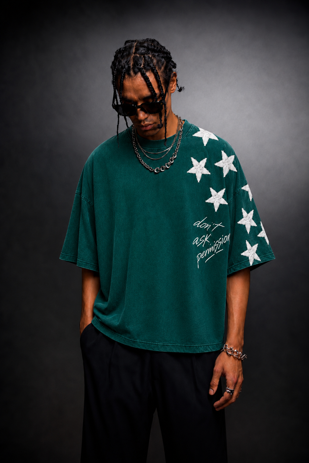 Erkek Yeşil Permission Aplike Nakışlı Oversize Tshirt
