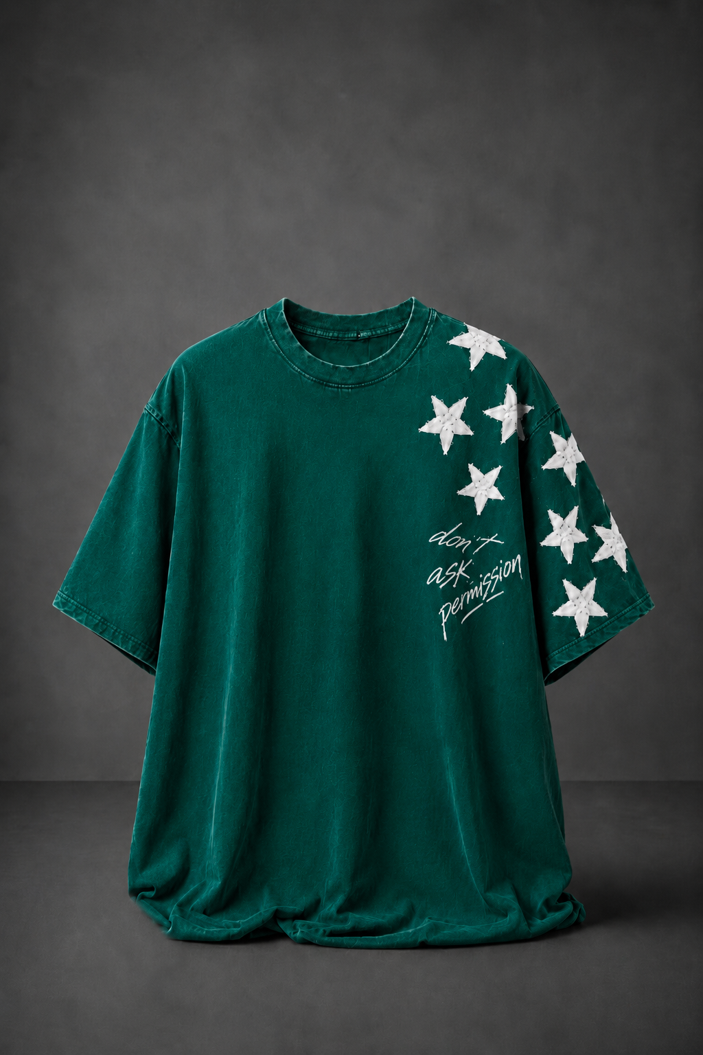 Erkek Yeşil Permission Aplike Nakışlı Oversize Tshirt