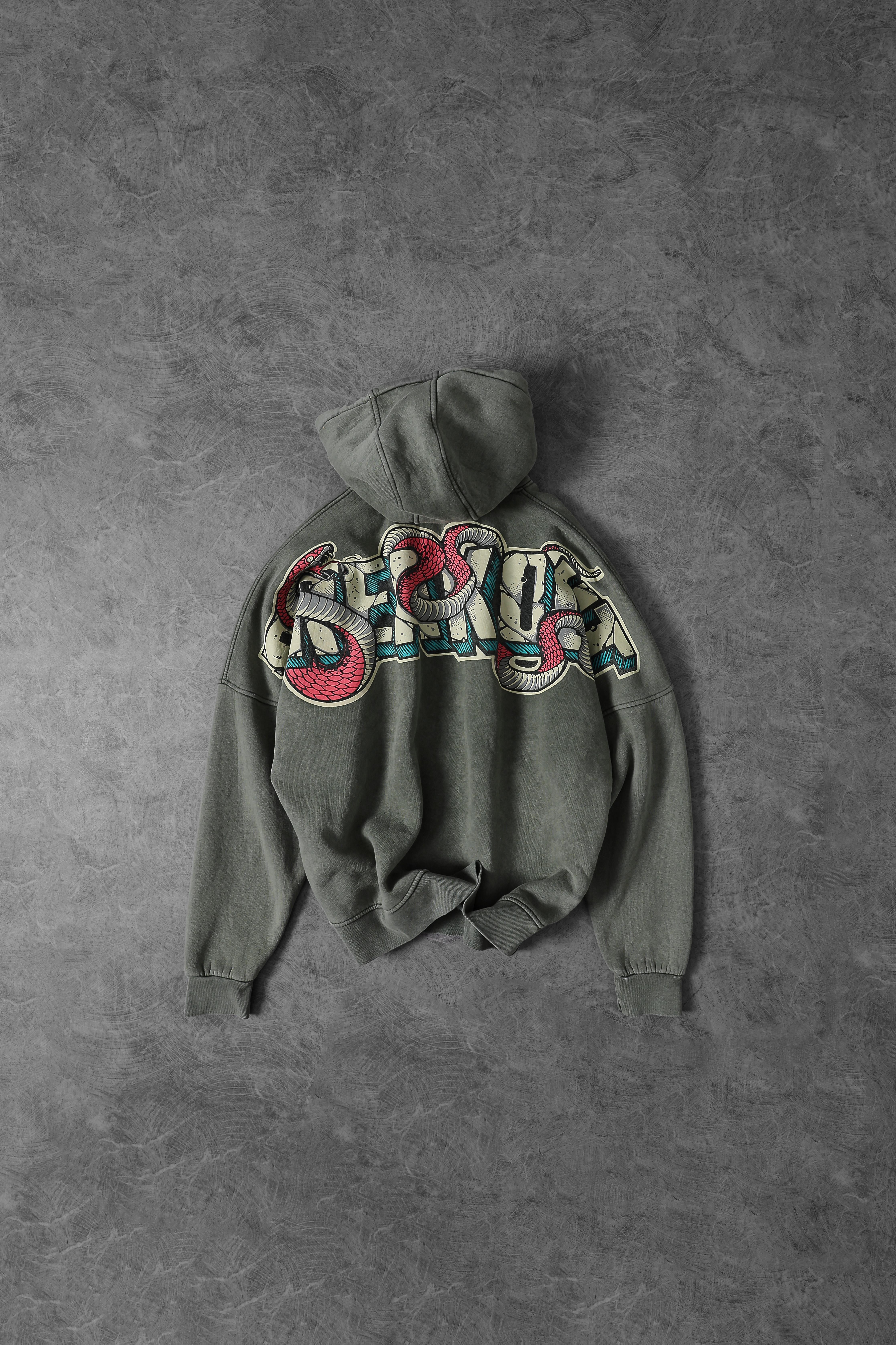 Erkek Yeşil Snake Yıkamalı Kapüşonlu Oversize Sweatshirt