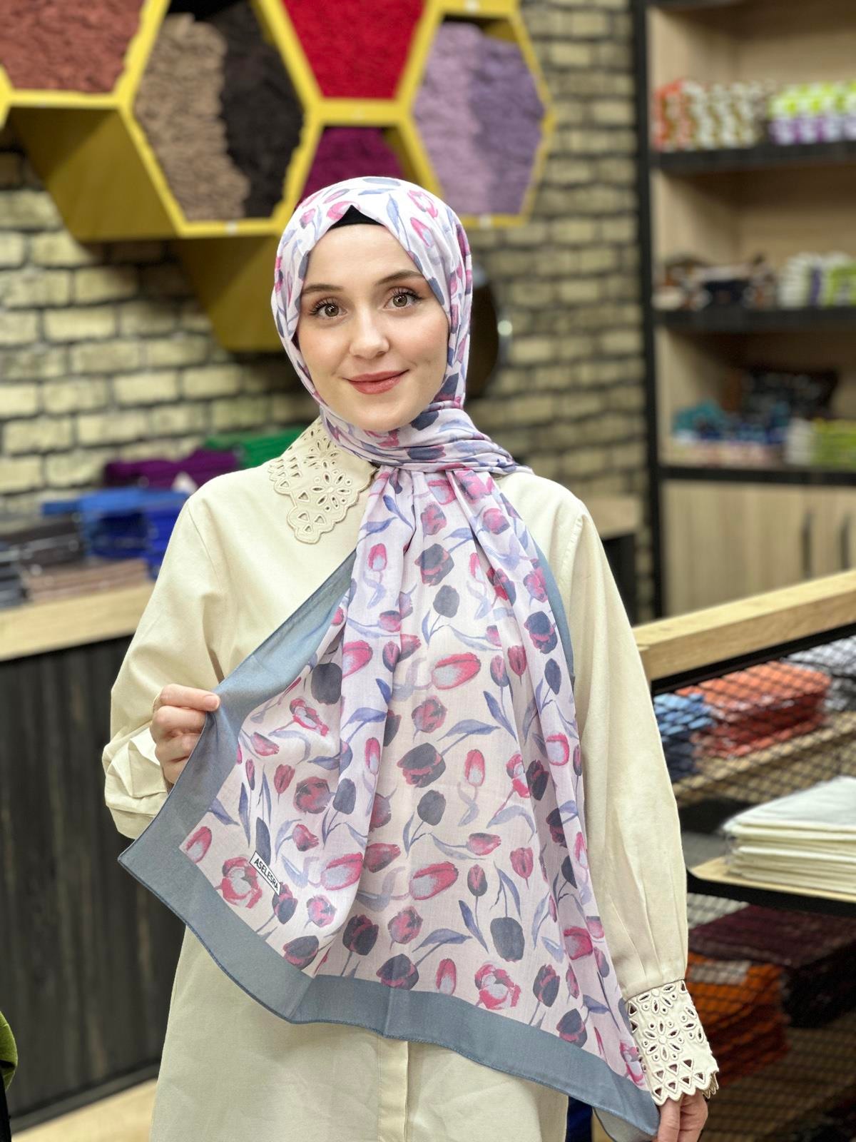  Desenli Şal Pembe Antrasit