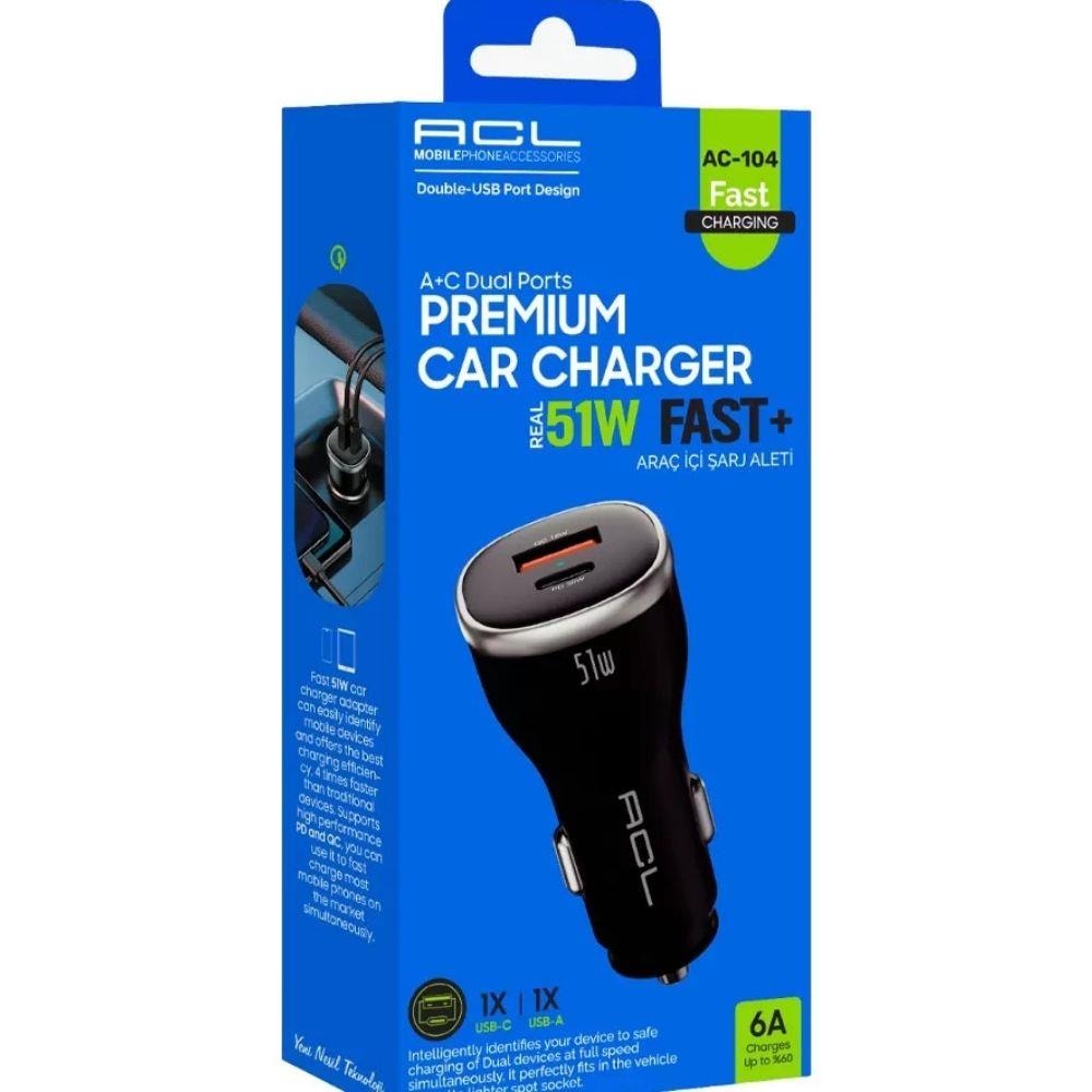 Araç İçi 51W 6A Hızlı Araç Şarj Başlık | 1x USB 1x PD Çıkışlı Araç Şarj Cihazı 