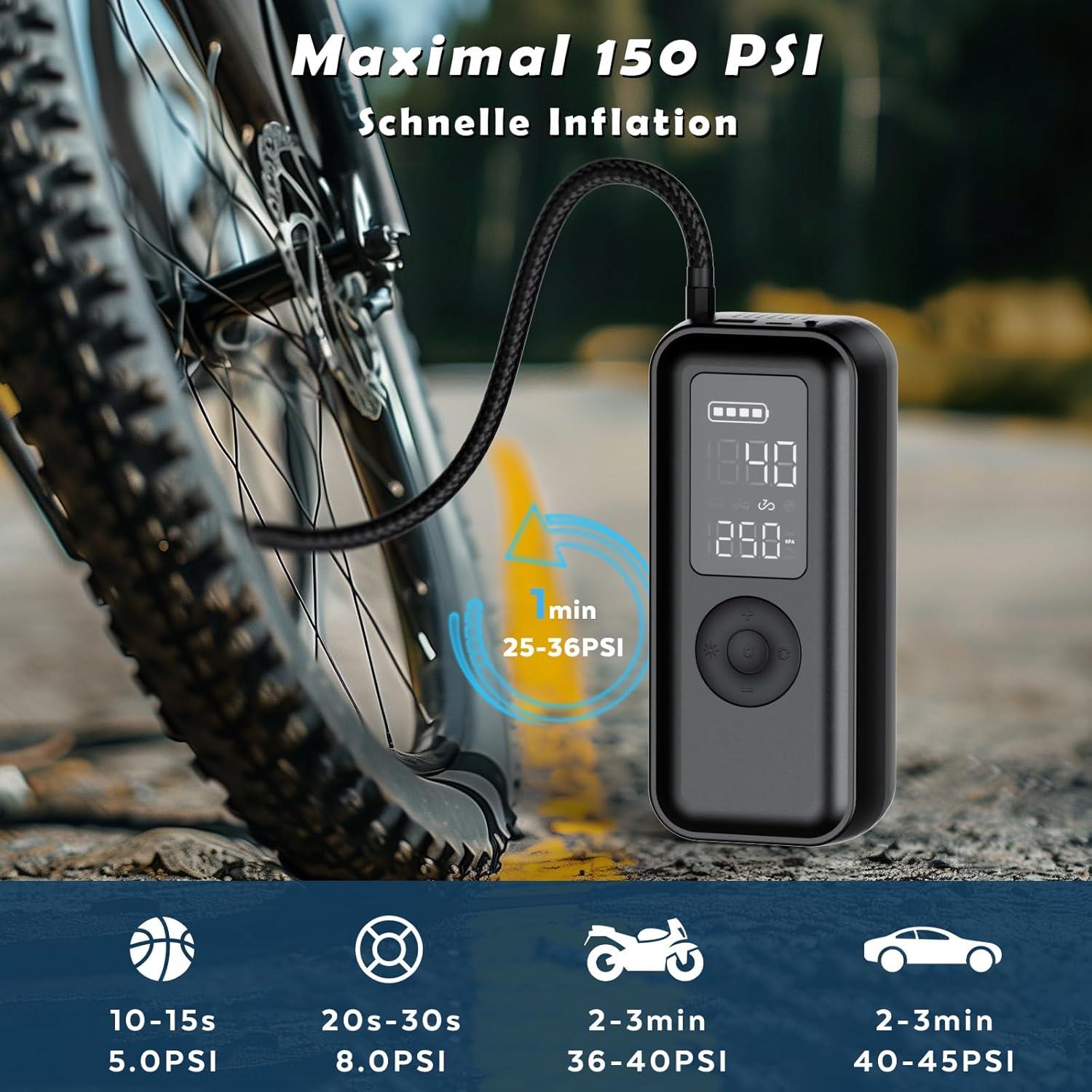 Elektrikli hava pompası, bisiklet pompası, elektrikli, 150 psi, 6000 mAh pilli hava pompası, LCD gerçek zamanlı lastik basıncı izleme, LED'li ve USB çıkışlı akülü kompresör, bisiklet, araba, basketbol 