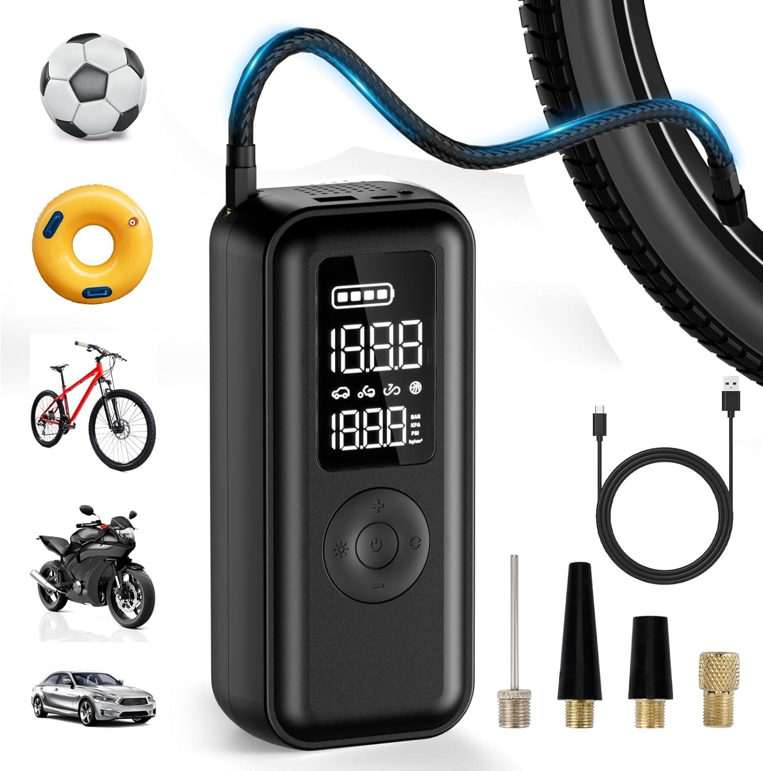 Elektrikli hava pompası, bisiklet pompası, elektrikli, 150 psi, 6000 mAh pilli hava pompası, LCD gerçek zamanlı lastik basıncı izleme, LED'li ve USB çıkışlı akülü kompresör, bisiklet, araba, basketbol 