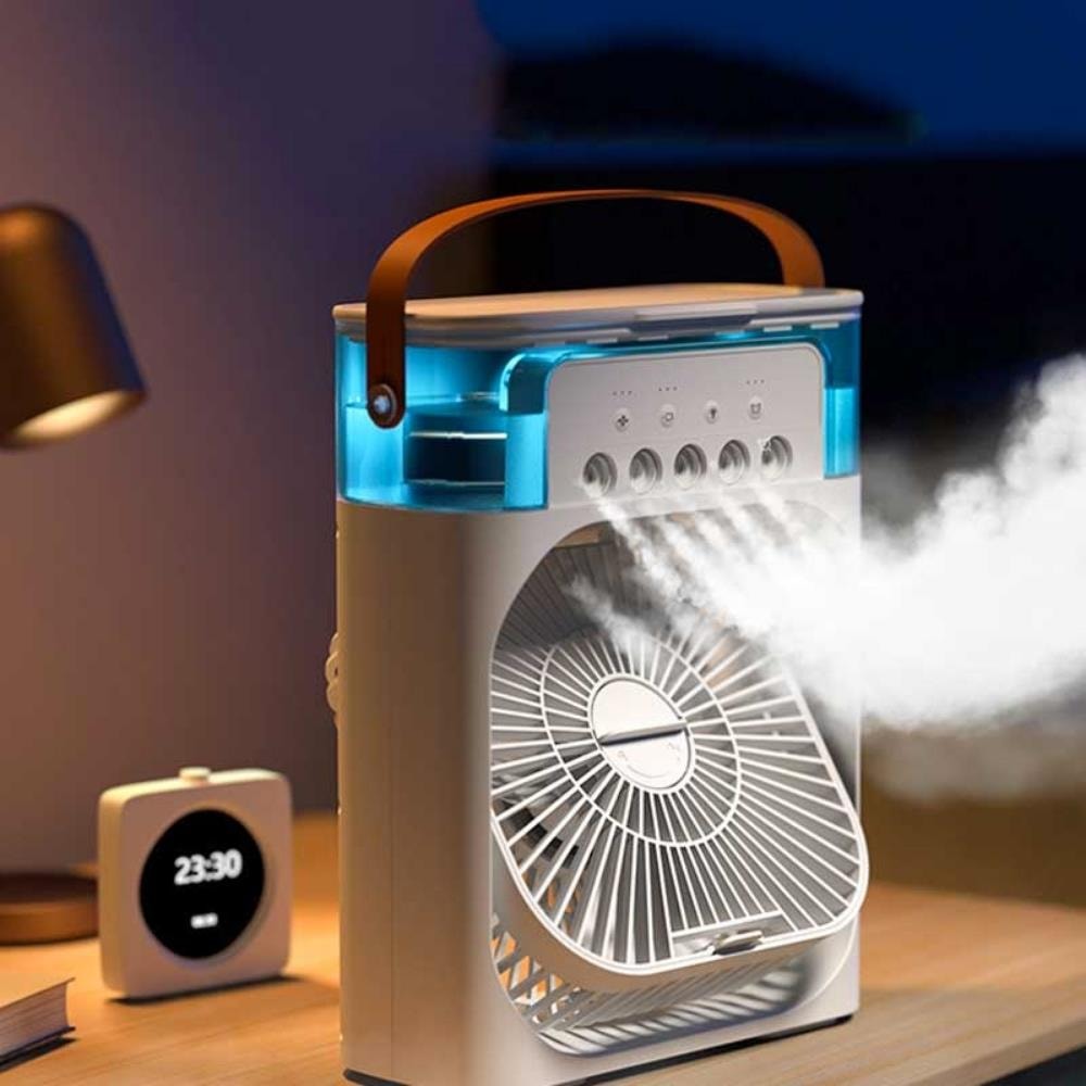 Minimalist Beyaz Taşınabilir Nemlendiricili Vantilatör – LED Gece Lambası ve Sessiz Çalışma 