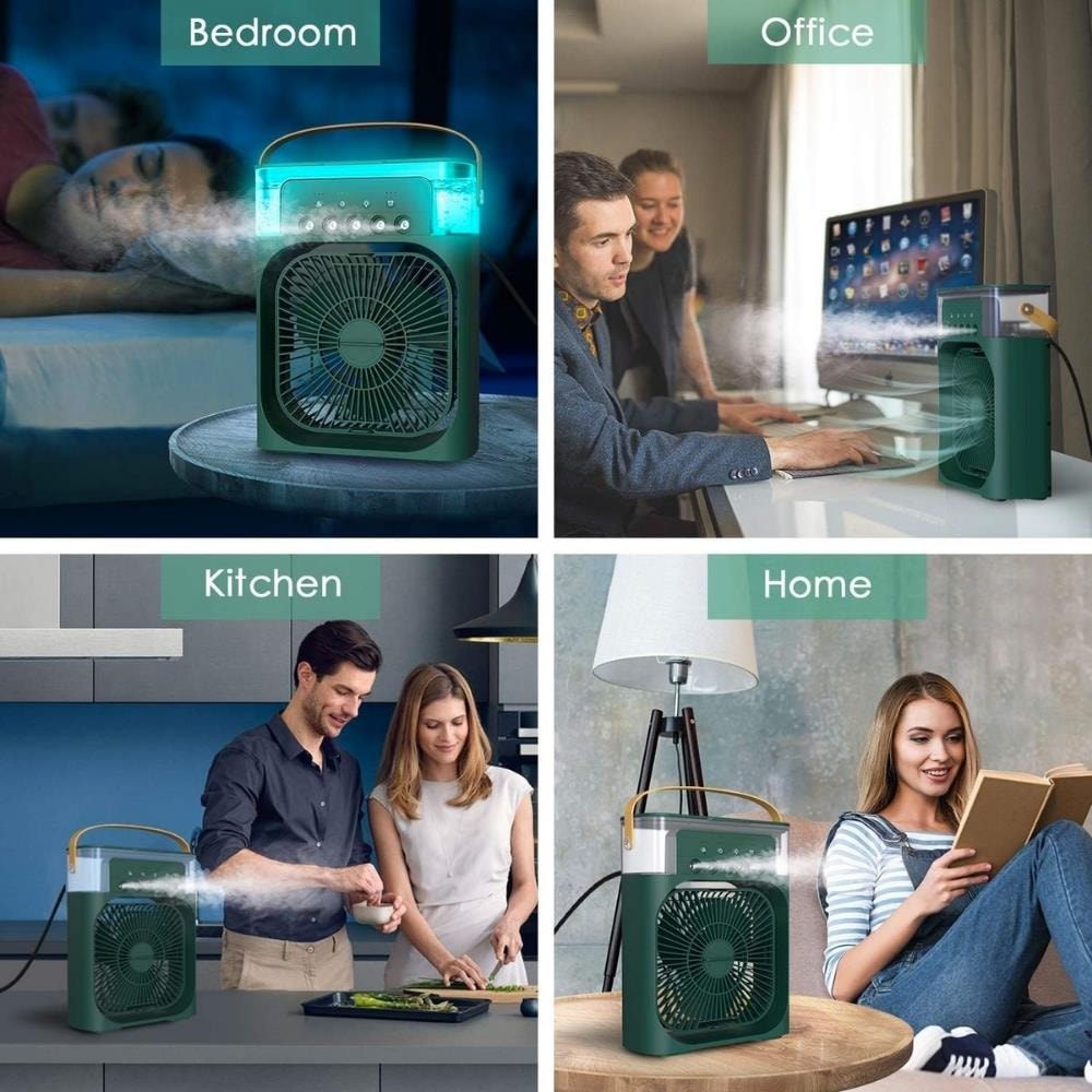 Minimalist Beyaz Taşınabilir Nemlendiricili Vantilatör – LED Gece Lambası ve Sessiz Çalışma 