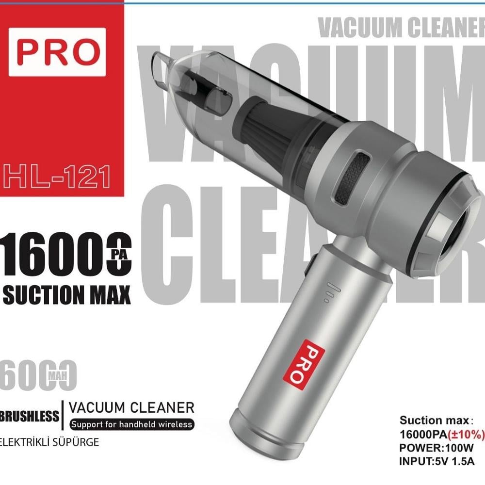 PRO HL-121 Brushless Vacuumlu Şarjlı El Süpürgesi | 16000PA Güçlü Emiş, 6000mAh Batarya, 100W – Ev, Ofis, Araç Kullanımı İçin 