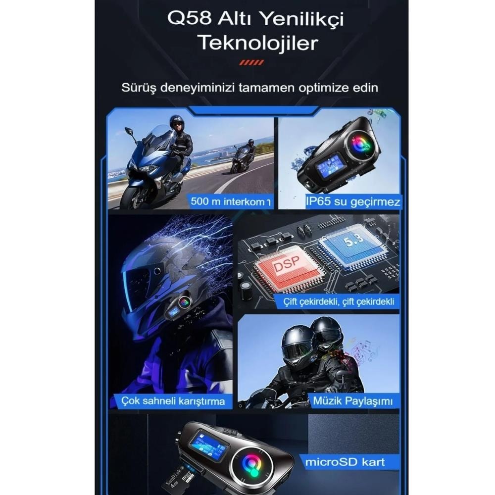 Q58-MAX Radyolu 2 Kişi Bağlantılı Bluetooth Kask Kulaklık Ekranlı Fenerli Müzik ve Telsiz Intercom 