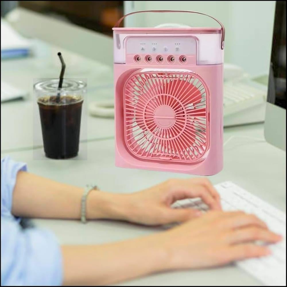 Şık Pembe Mini Buhar Nemlendiricili Vantilatör – Gece Işığı ve USB Şarj Özellikli 