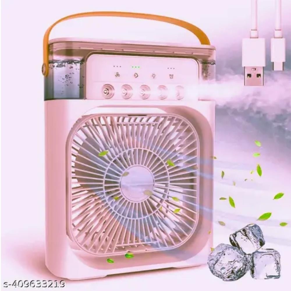 Şık Pembe Mini Buhar Nemlendiricili Vantilatör – Gece Işığı ve USB Şarj Özellikli 
