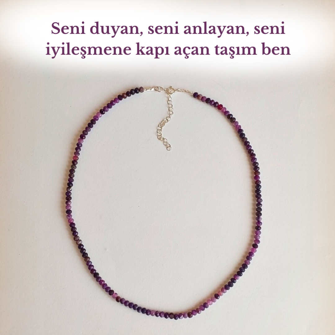 3/4 mm Taş Boyutu Gümüş Sugulit Kolye İletişim Huzur Kariyer Migren 3. Göz Tepe Taç Çakra 