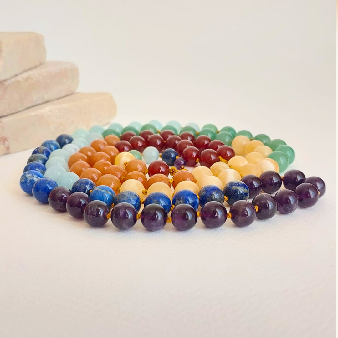 99 ÇAKRA 10 mm TESBİH MALA KOLYE Akik Turuncu Aventurin Kalsit Yeşil Aventurin Akuamarin Lapis Ametist 
