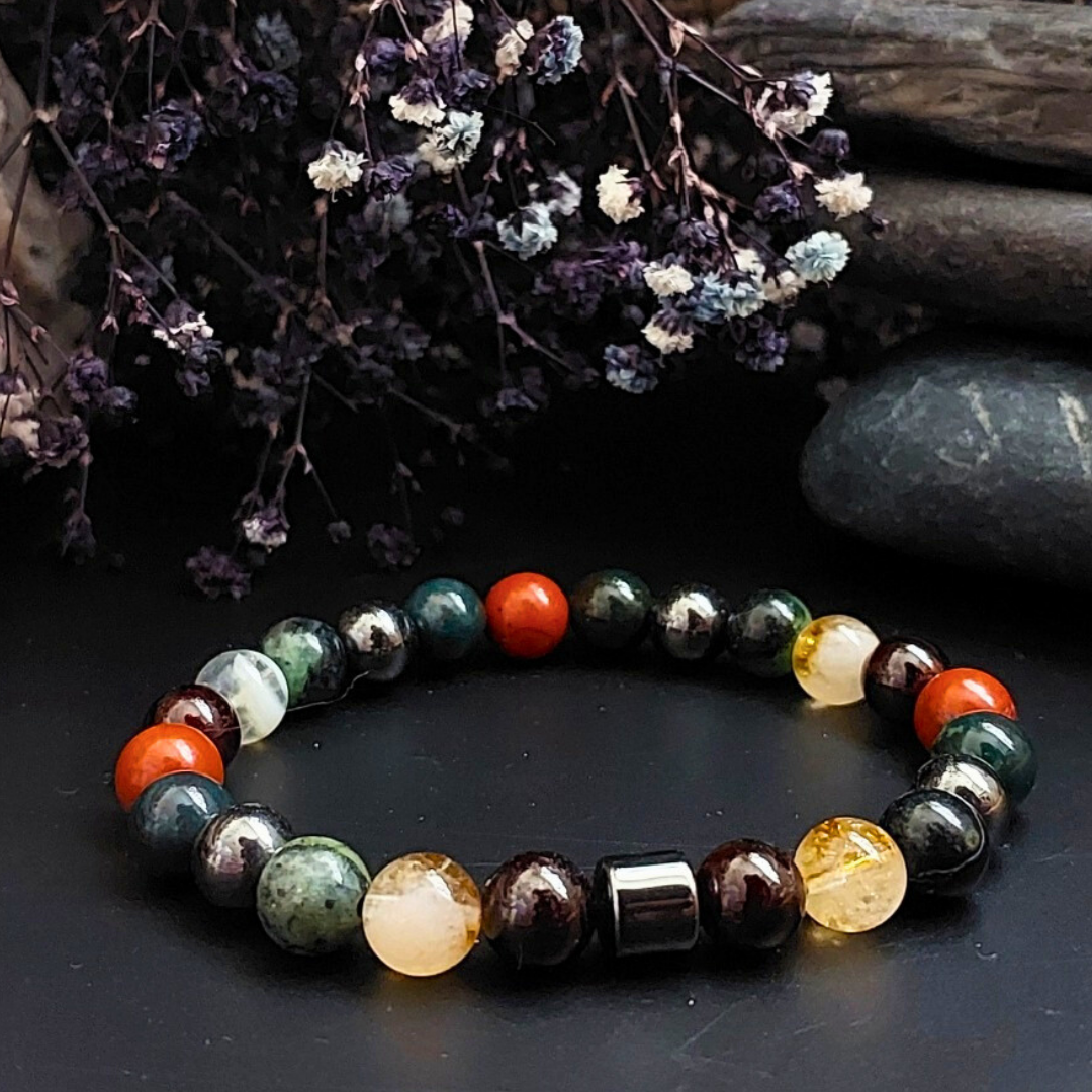 GİZEMLİ DOĞAL TAŞ KOÇ BURCU BİLEKLİK (8 mm) Sitrin Lal Granat Anyolit Hematit Jasper Kan Taşı 