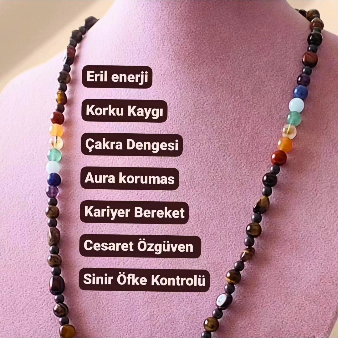 Kaplan Gözü Akik Ametist Lapis Sitrin Akuamarin Aventurin Çakra Kolye Cesaret Güç İrade 