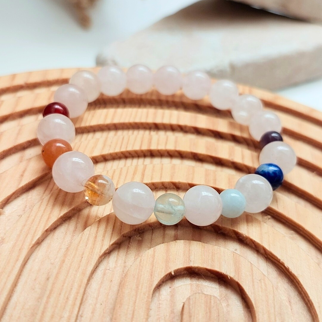 Pembe Gül Rose Kuvars Çakra Bileklik 8 / 6 mm Aşk Sevgi Güzellik Duygusal Denge 
