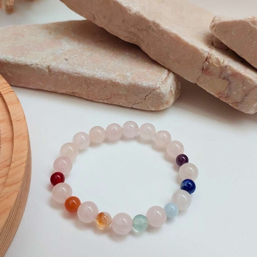 Pembe Gül Rose Kuvars Çakra Bileklik 8 / 6 mm Aşk Sevgi Güzellik Duygusal Denge 