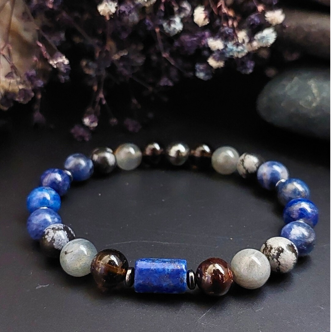 YAY BURCU Gizemli Doğal Taş Bileklk (8 mm) Lapis Lazuli Labradorit Dumanlı Kuvars Hematit Sodalit Obsidyen 