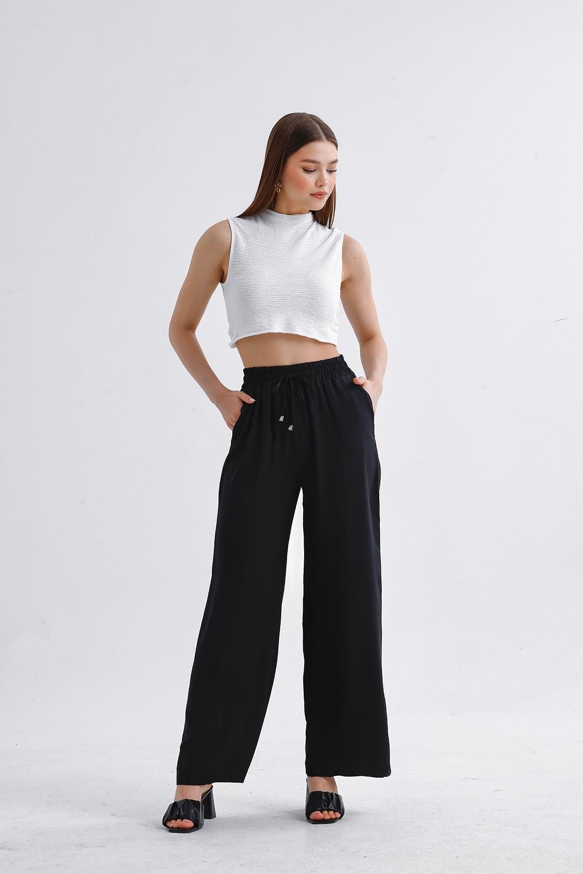 Beli Lastikli Bol Paça Pantolon Siyah