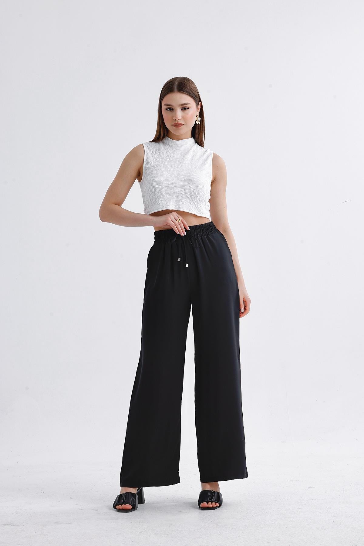 Beli Lastikli Bol Paça Pantolon Siyah