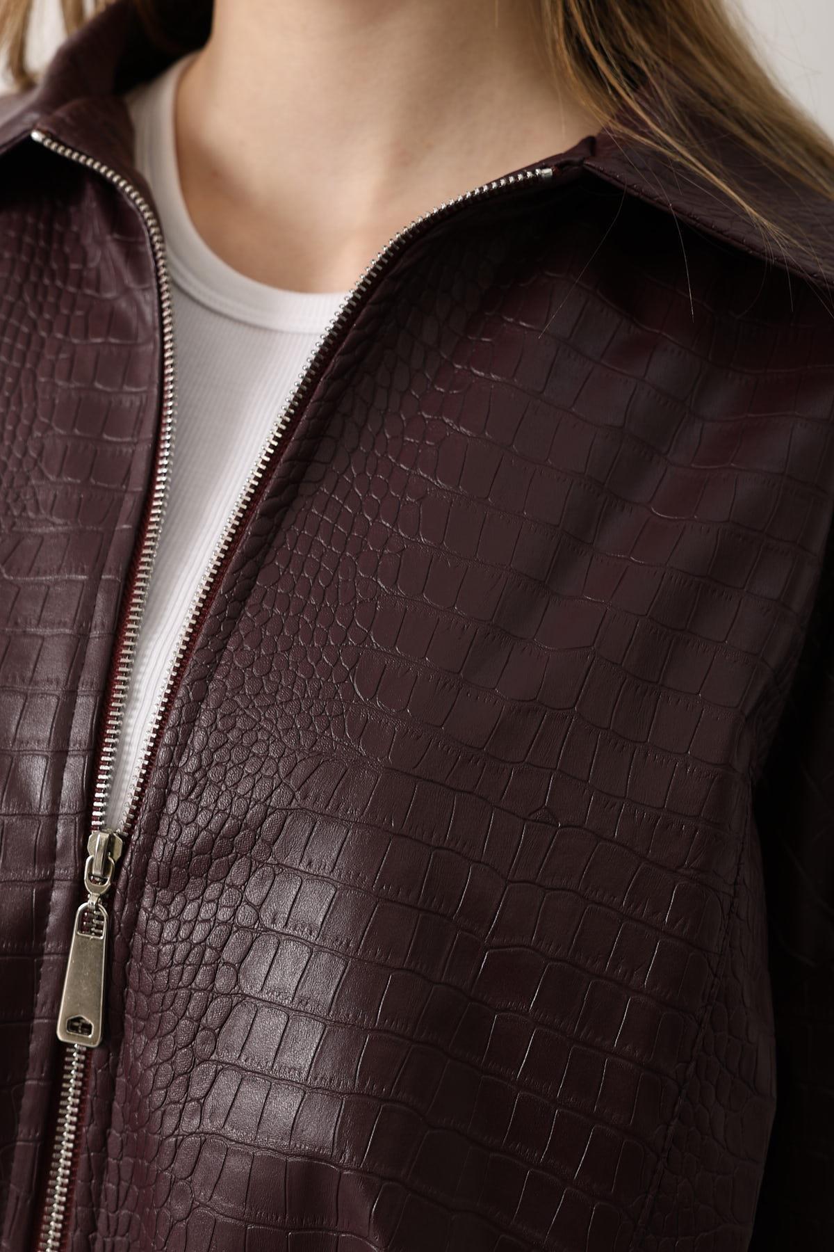 Bordo Kemerli Deri Bomber Ceket