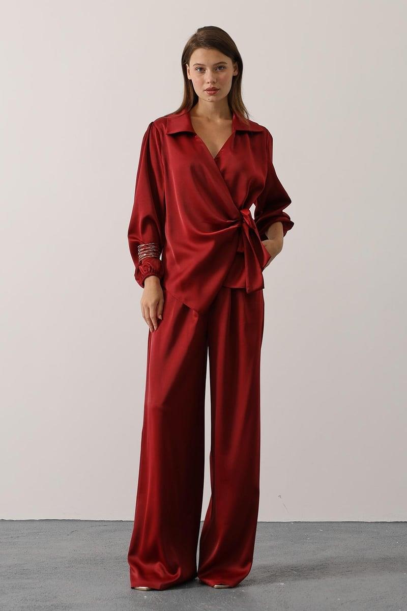 Bordo V Yaka Bluz Pantolon Alt - Üst Takım