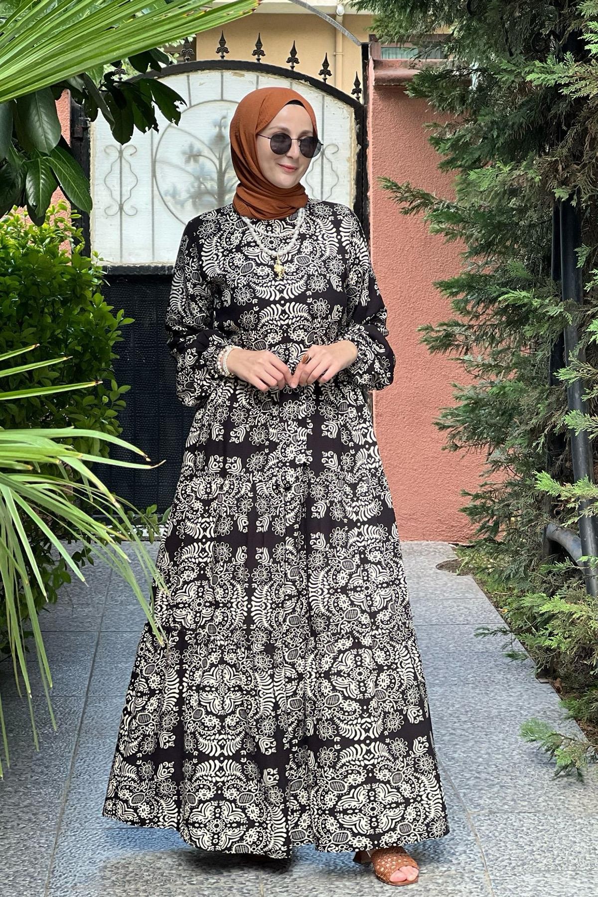 Lalia Siyah Desenli Elbise
