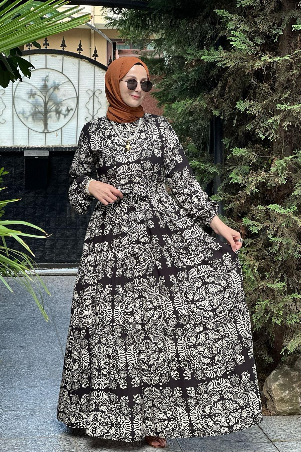 Lalia Siyah Desenli Elbise