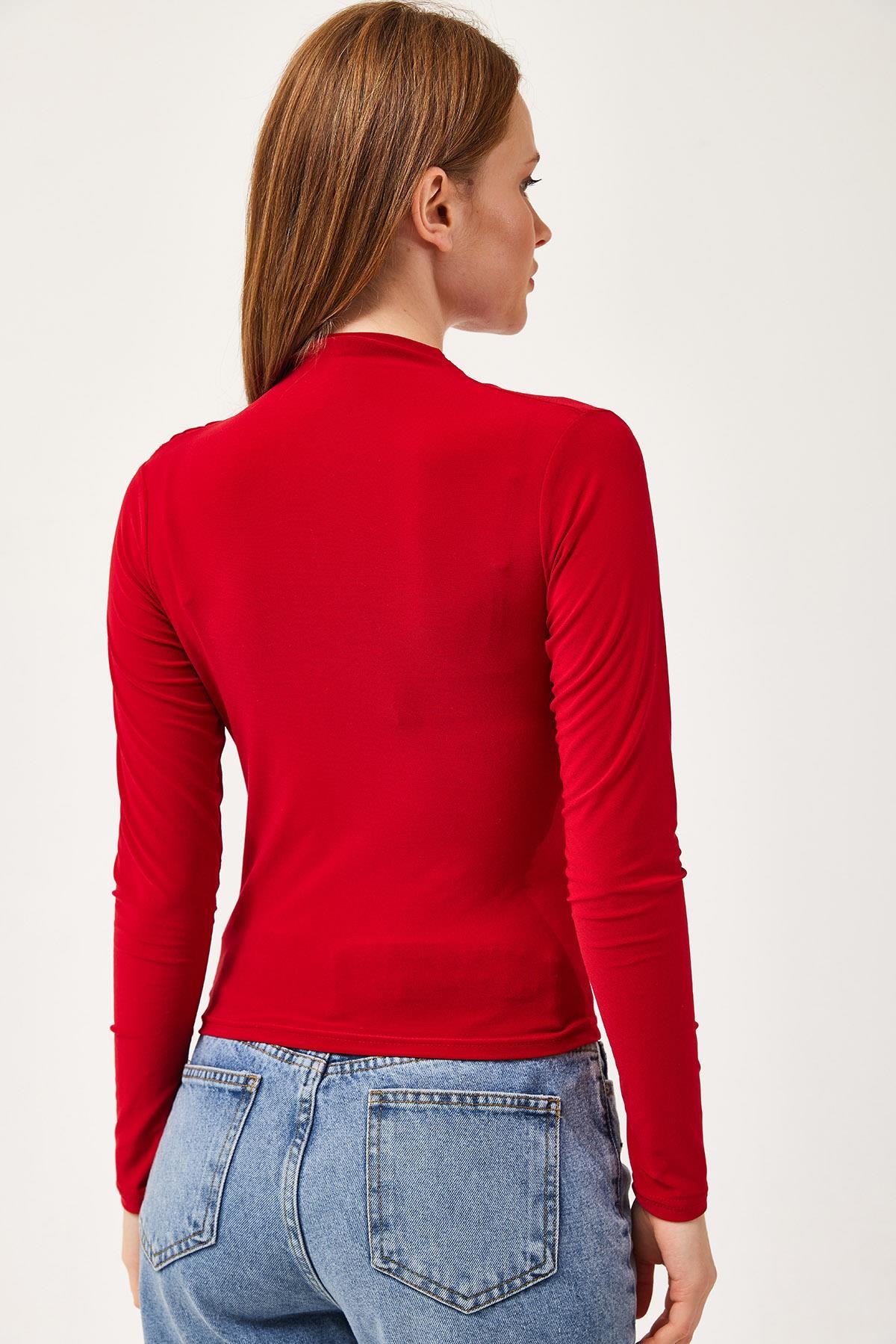 Balıkçı Yaka Drapeli Basic Bluz Bordo