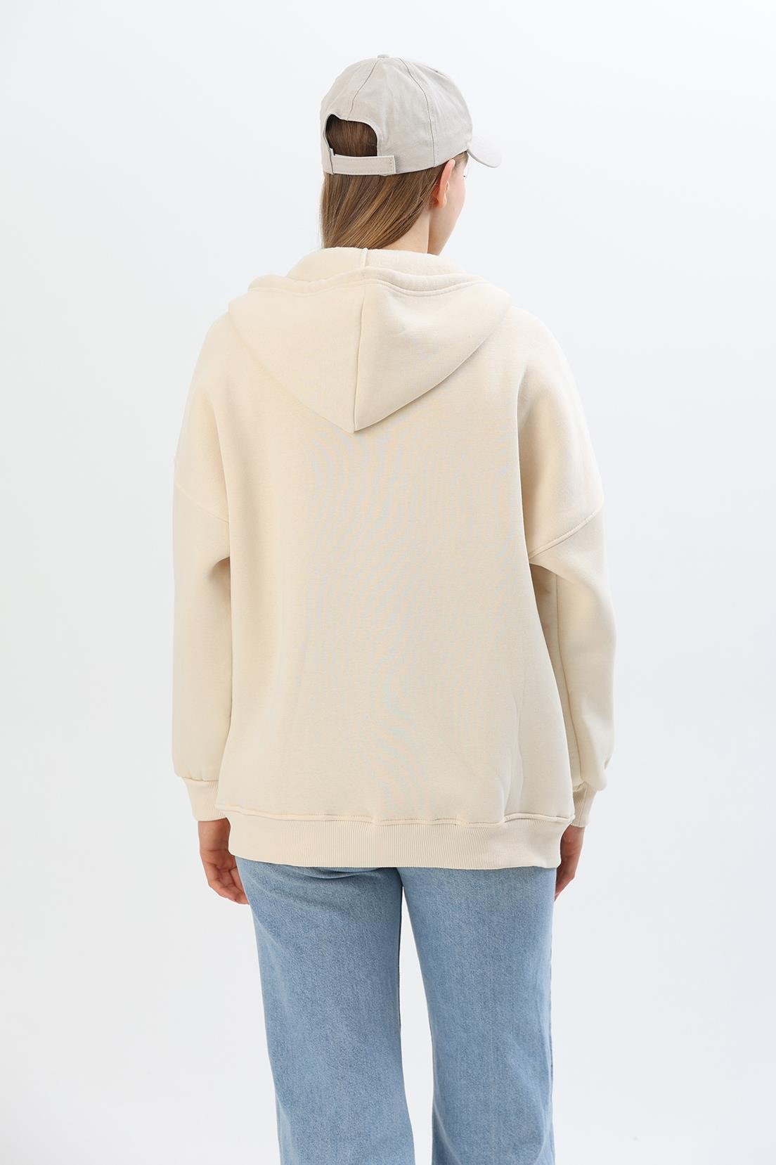  Kapüşonlu Fermuarlı Cepli Oversize Şardonlu Sweatshirt Krem