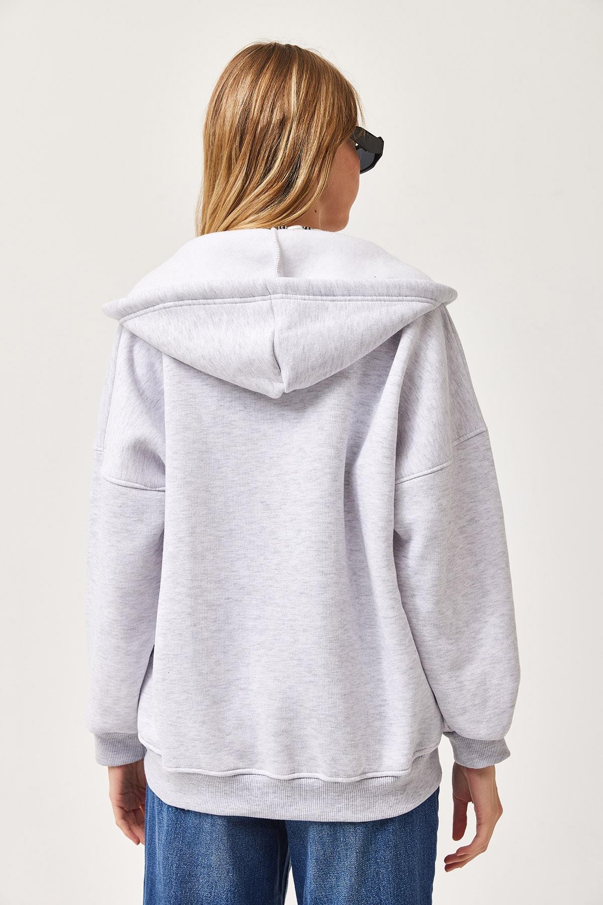  Kapüşonlu Fermuarlı Cepli Oversize Şardonlu Sweatshirt Gri