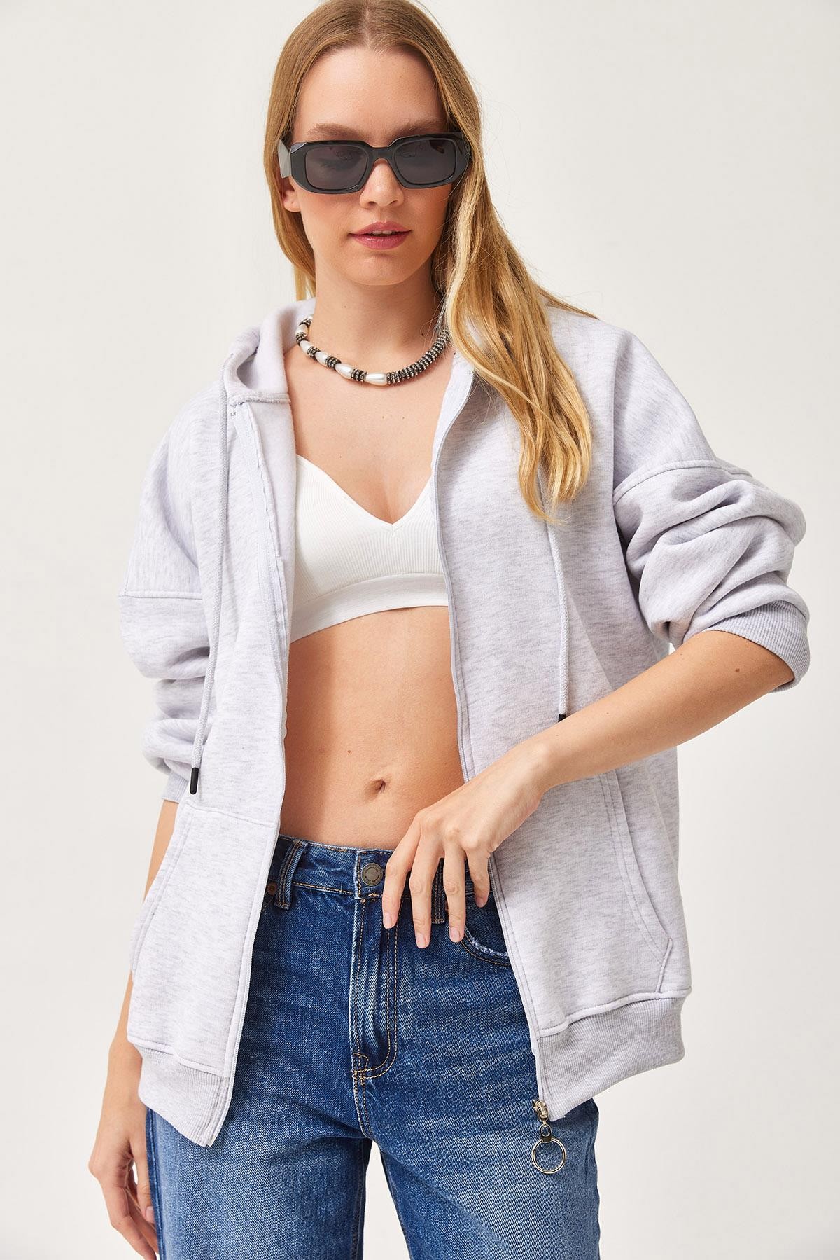  Kapüşonlu Fermuarlı Cepli Oversize Şardonlu Sweatshirt Gri