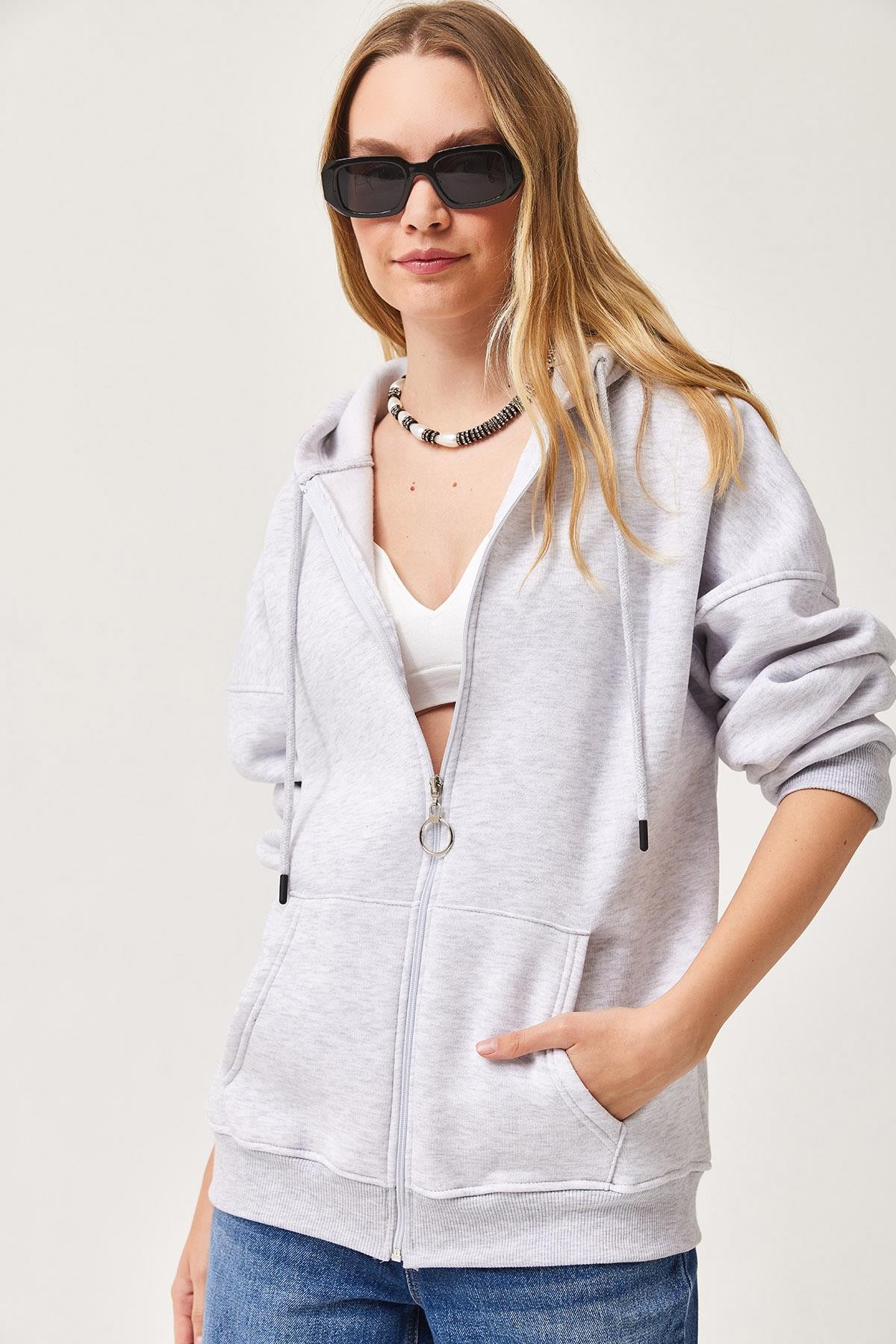  Kapüşonlu Fermuarlı Cepli Oversize Şardonlu Sweatshirt Gri
